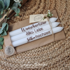 Geschenkverpackung für 3 Stabkerzen mit Aufschrift zur Hochzeit