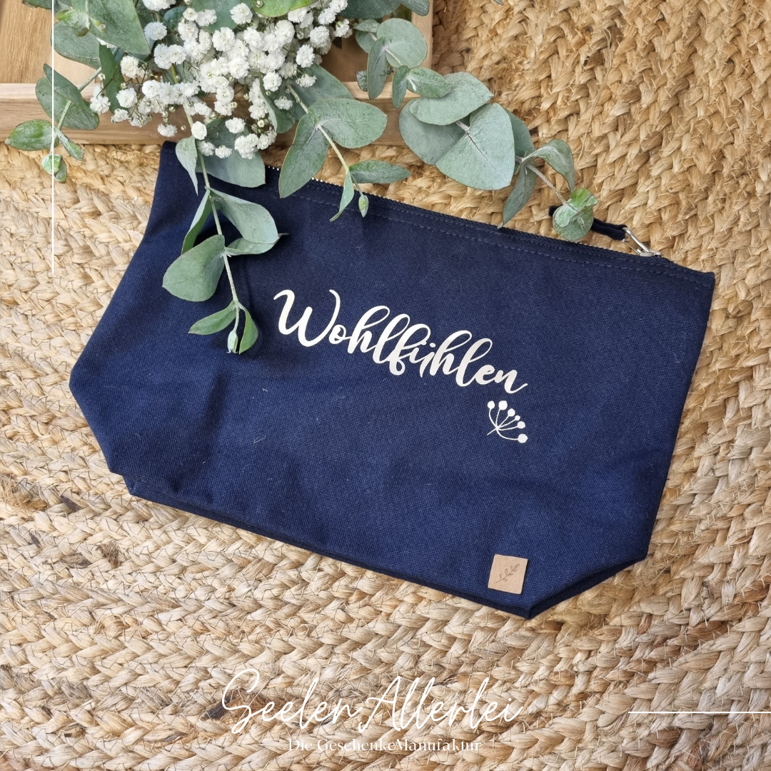 Tasche zum wohlfühlen in blau mit Aufschrift